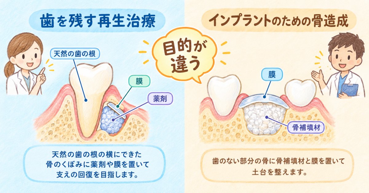 自分の歯を残す再生治療と、インプラントのための骨造成の違い