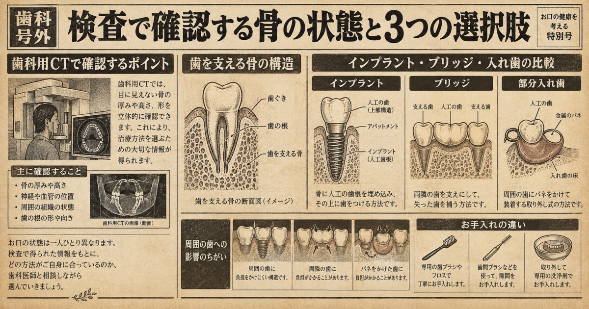 検査では何を確かめ、インプラント以外の治療法も相談できる?